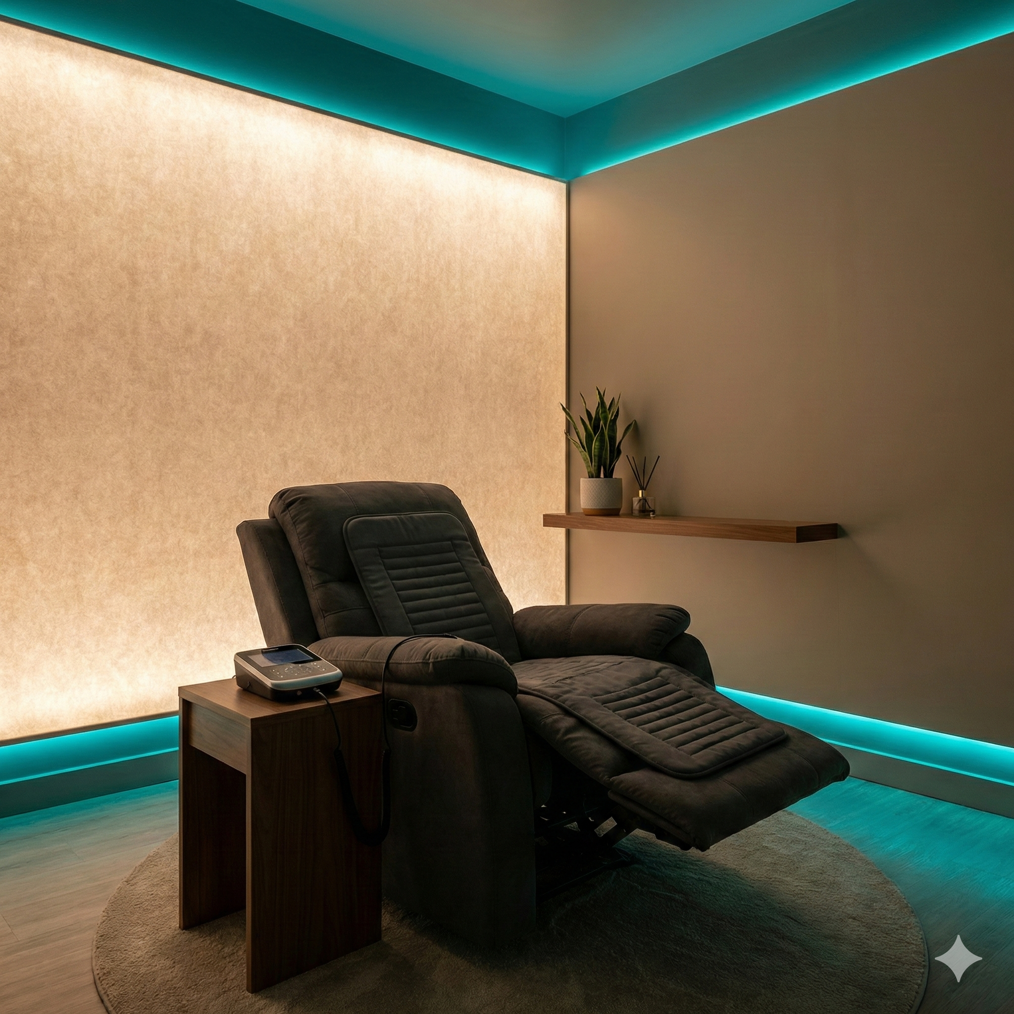 PEMF therapy recliner with ambient teal lighting